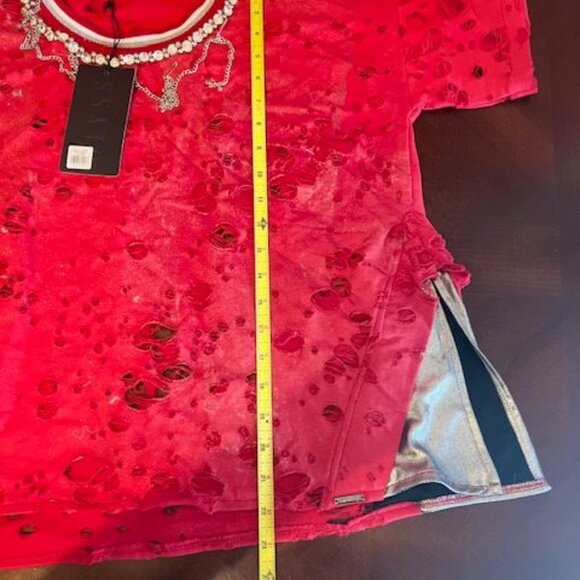 Distressed Olyss Red Short Sleeve ripped T-Shirt With Rhinestone & Chain sz L - Picture 5 of 9